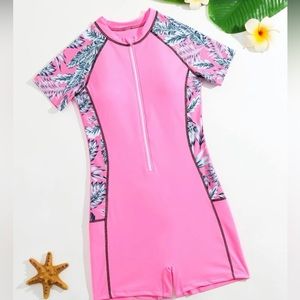 Tween Swimsuit One piece Surfer Style Pink Girls with padding zipper front